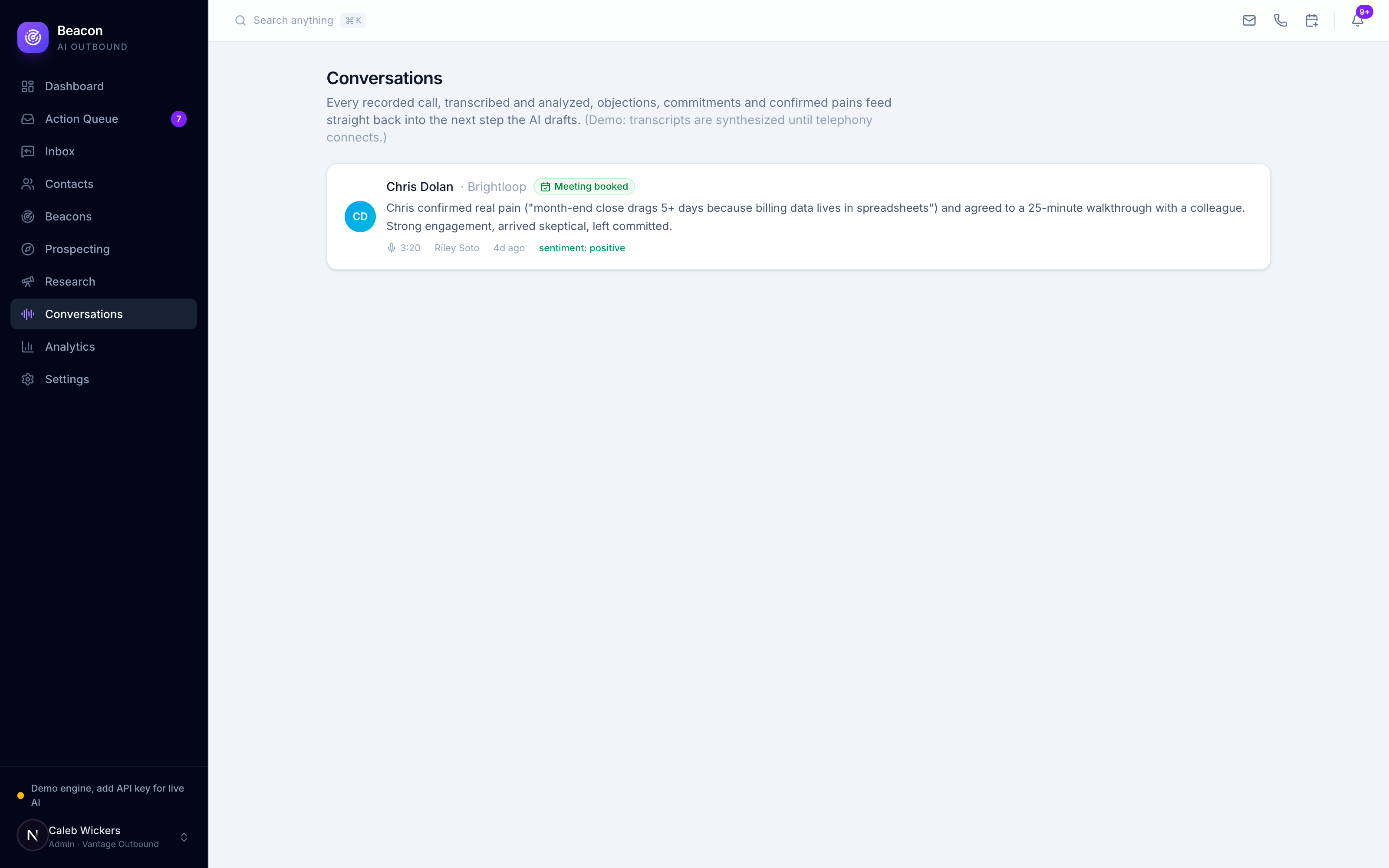 Conversation intelligence with transcript and insights