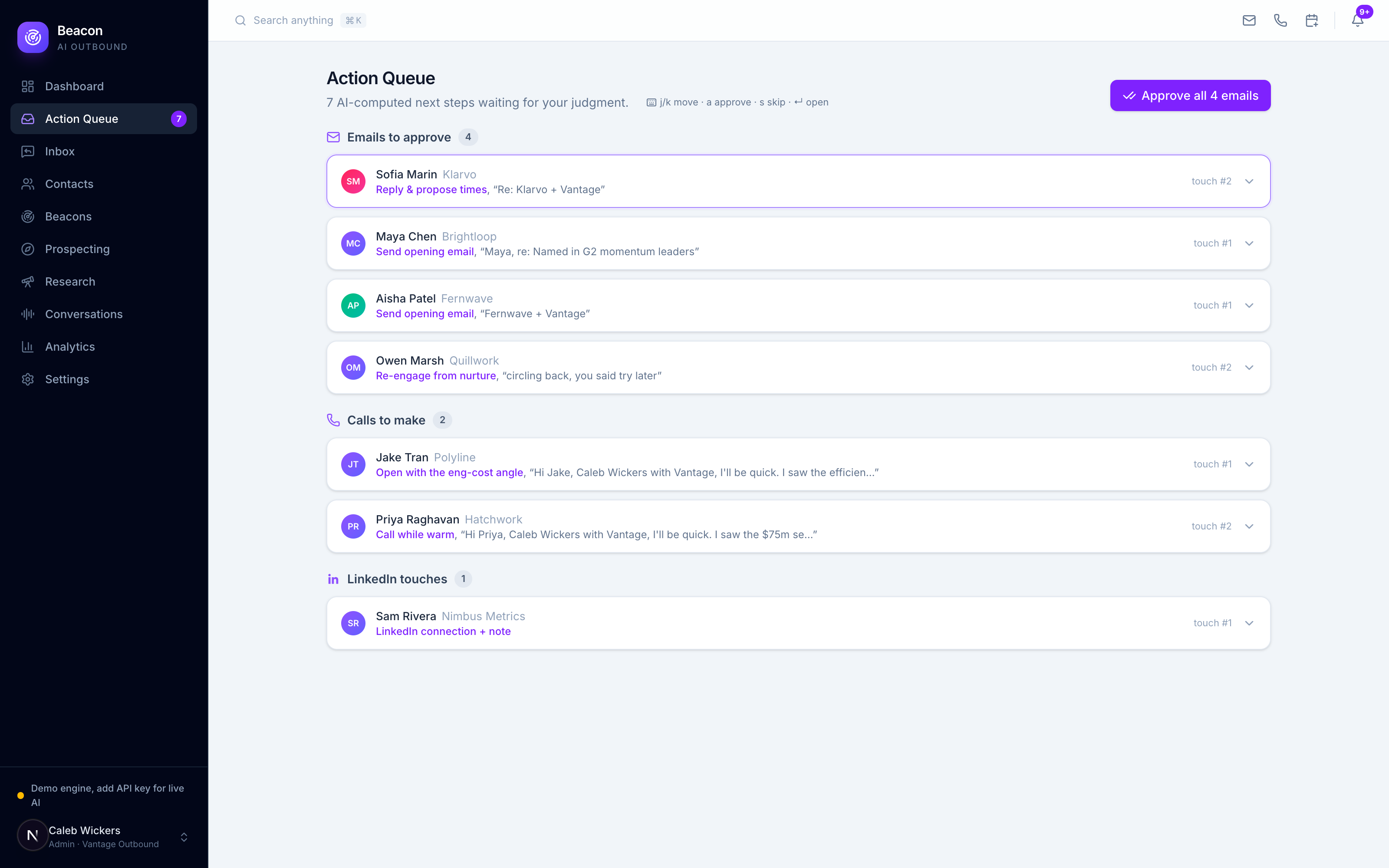 Beacon Action Queue: AI-computed next steps waiting for approval